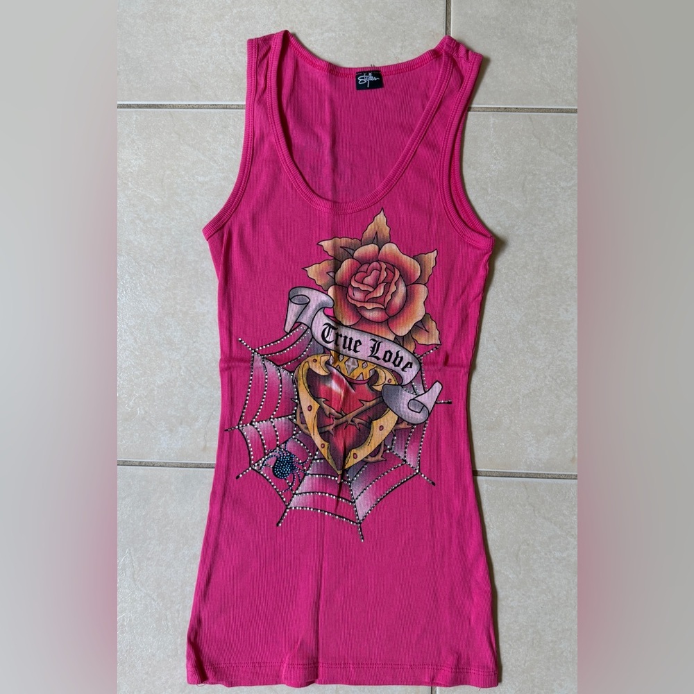 Styles Women’s L PINK HEART ROSE SPIDER TRUE LOVE TANK TOP SHIRT  Vtg